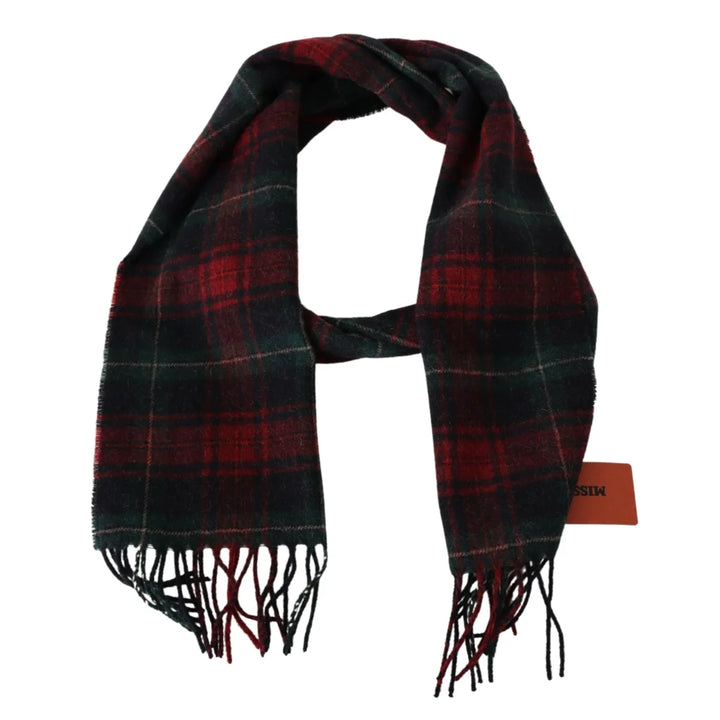 Missoni Black Red Check Wool Unisex Neck Wrap Fringes Scarf