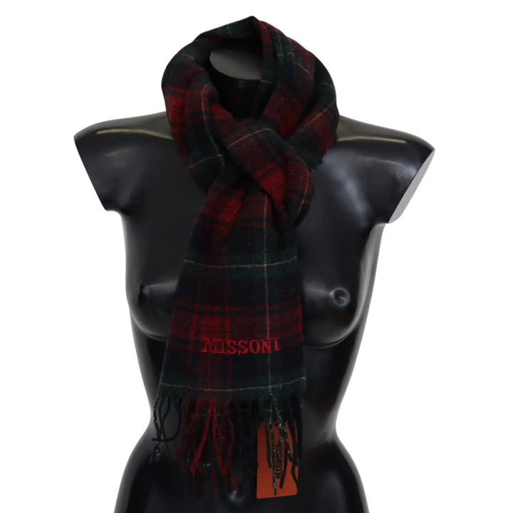 Missoni Black Red Check Wool Unisex Neck Wrap Fringes Scarf