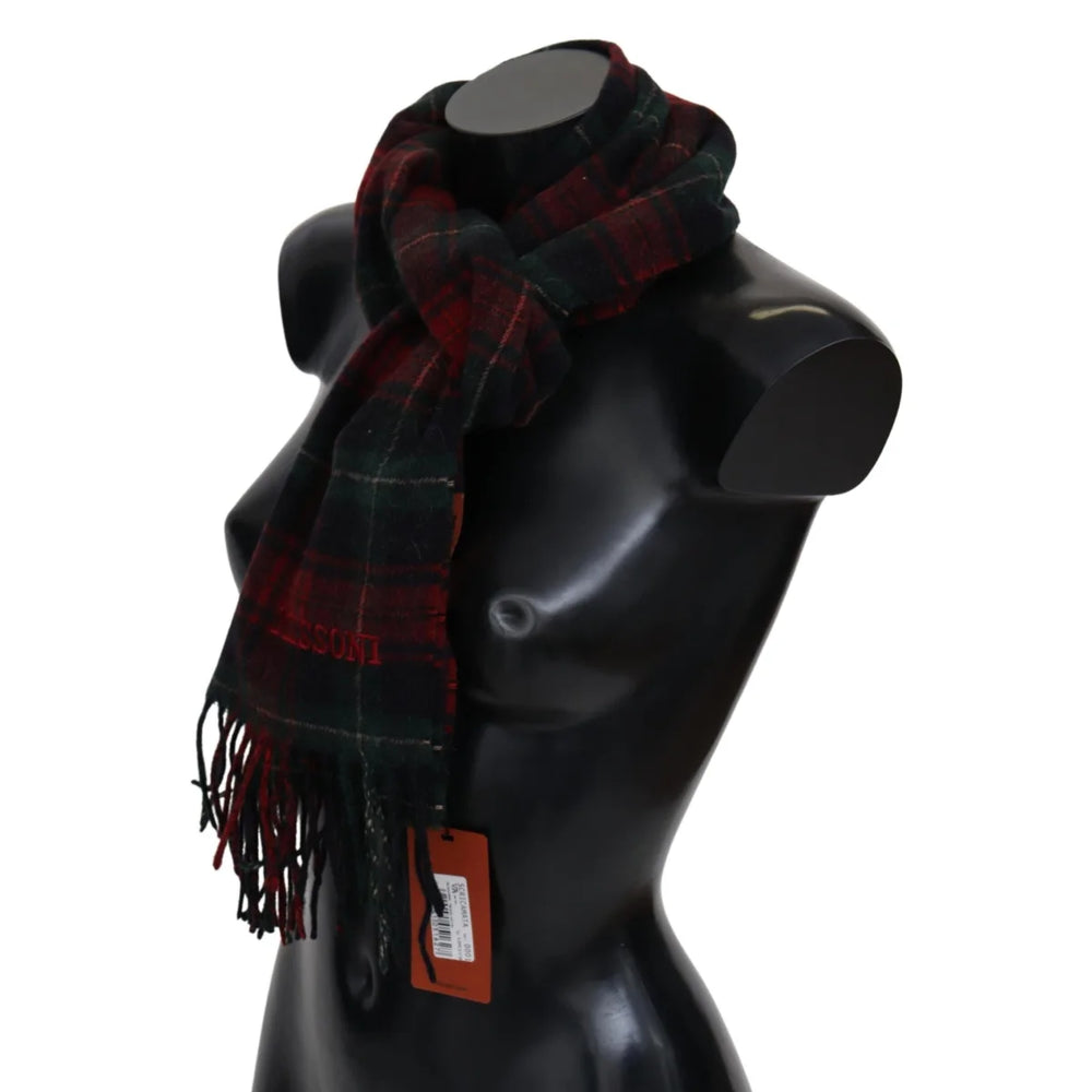 Missoni Black Red Check Wool Unisex Neck Wrap Fringes Scarf