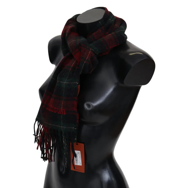 Missoni Black Red Check Wool Unisex Neck Wrap Fringes Scarf