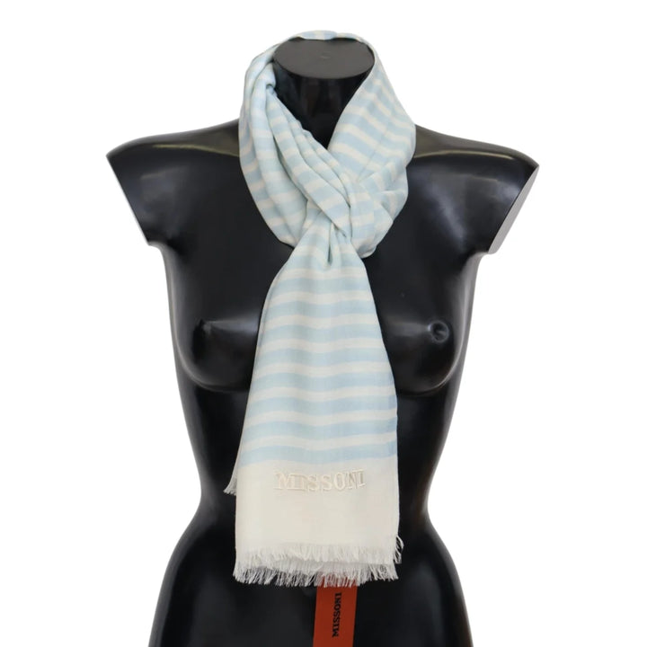 Missoni Blue White Lined Cashmere Unisex Wrap Scarf