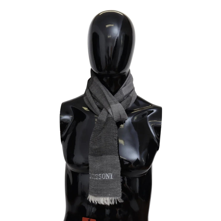 Missoni Gray Striped Wool Unisex Neck Wrap Fringes Scarf