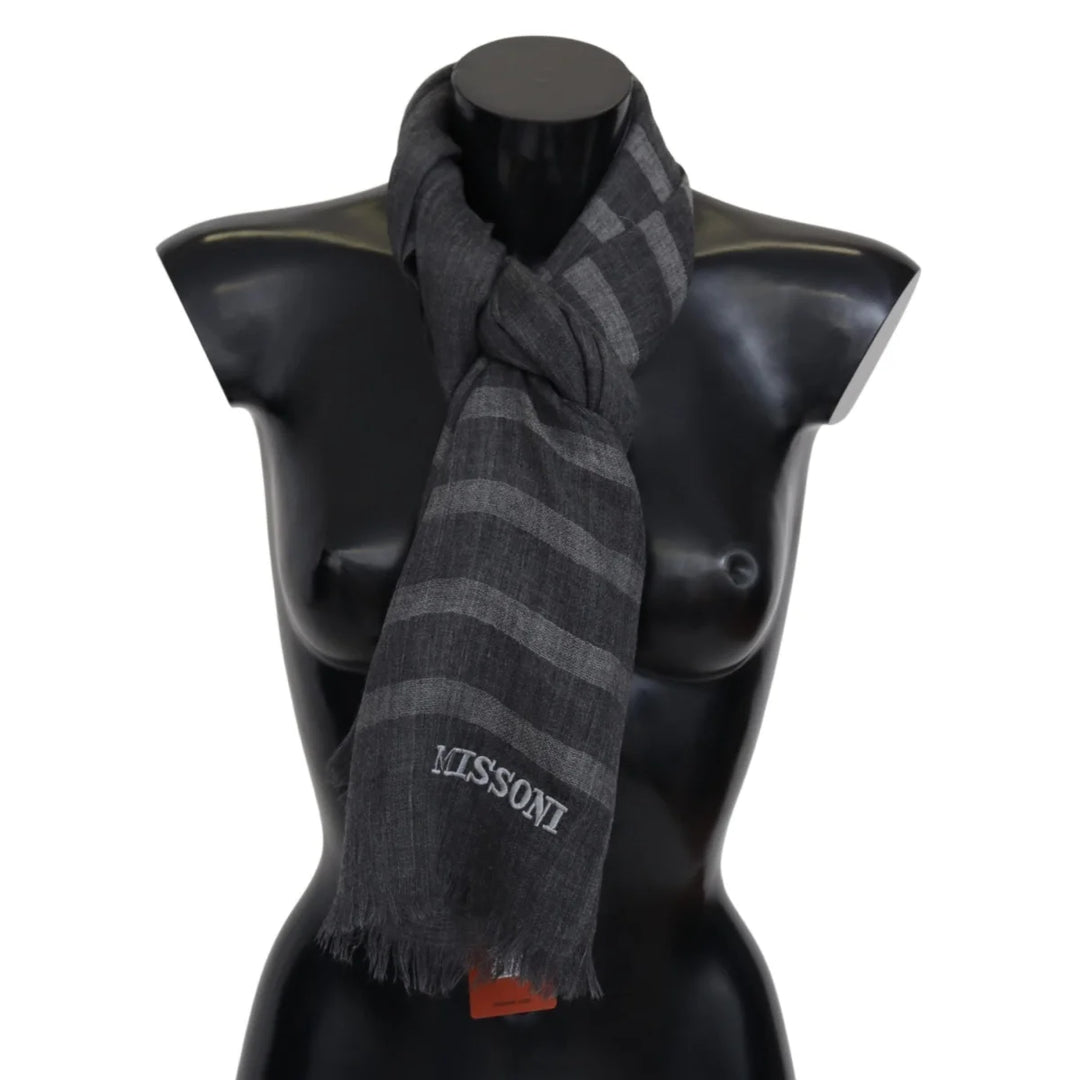 Missoni Gray Striped Wool Unisex Neck Wrap Fringes Scarf