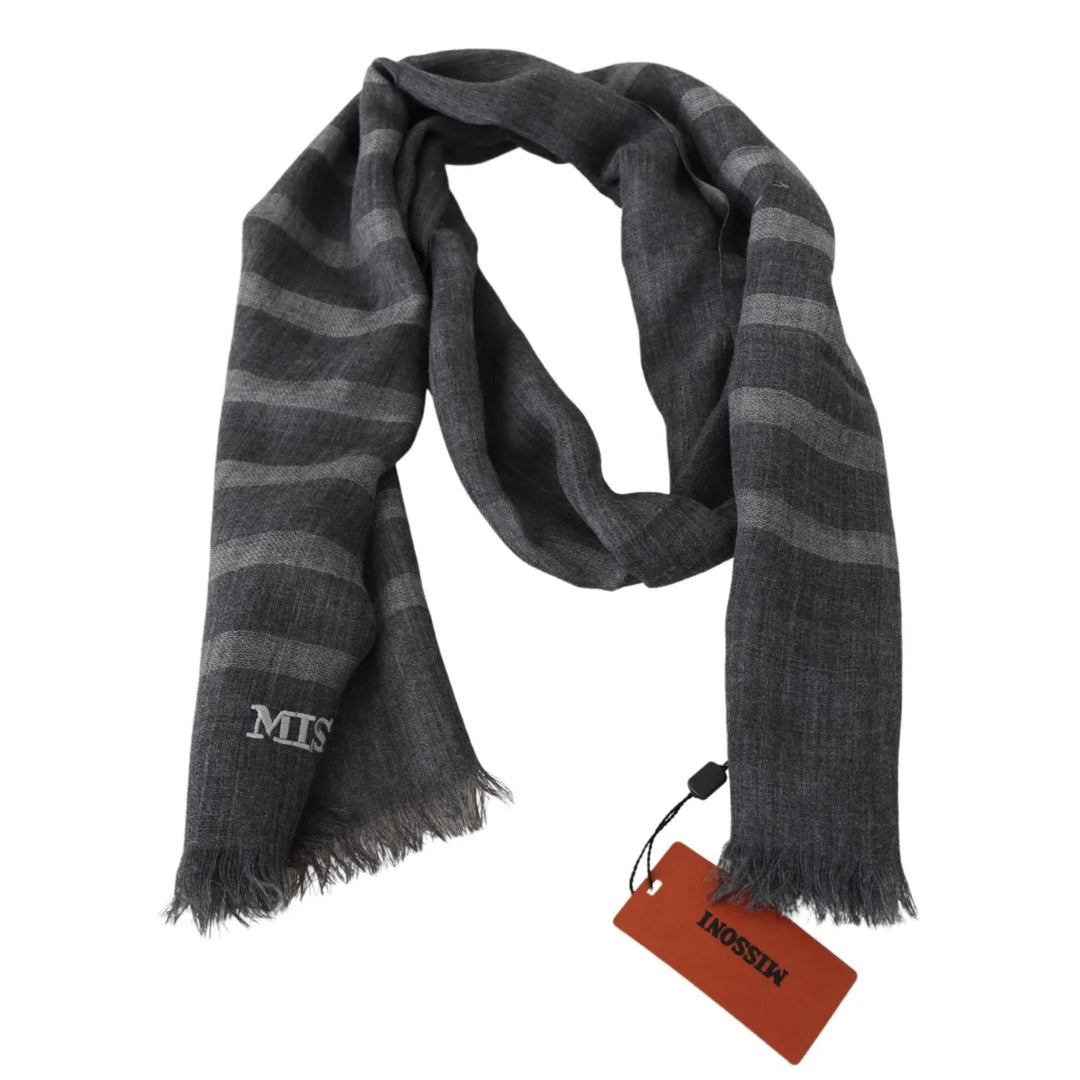 Missoni Gray Striped Wool Unisex Neck Wrap Fringes Scarf