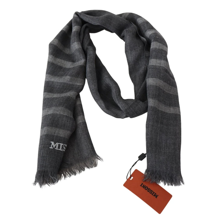 Missoni Gray Striped Wool Unisex Neck Wrap Fringes Scarf