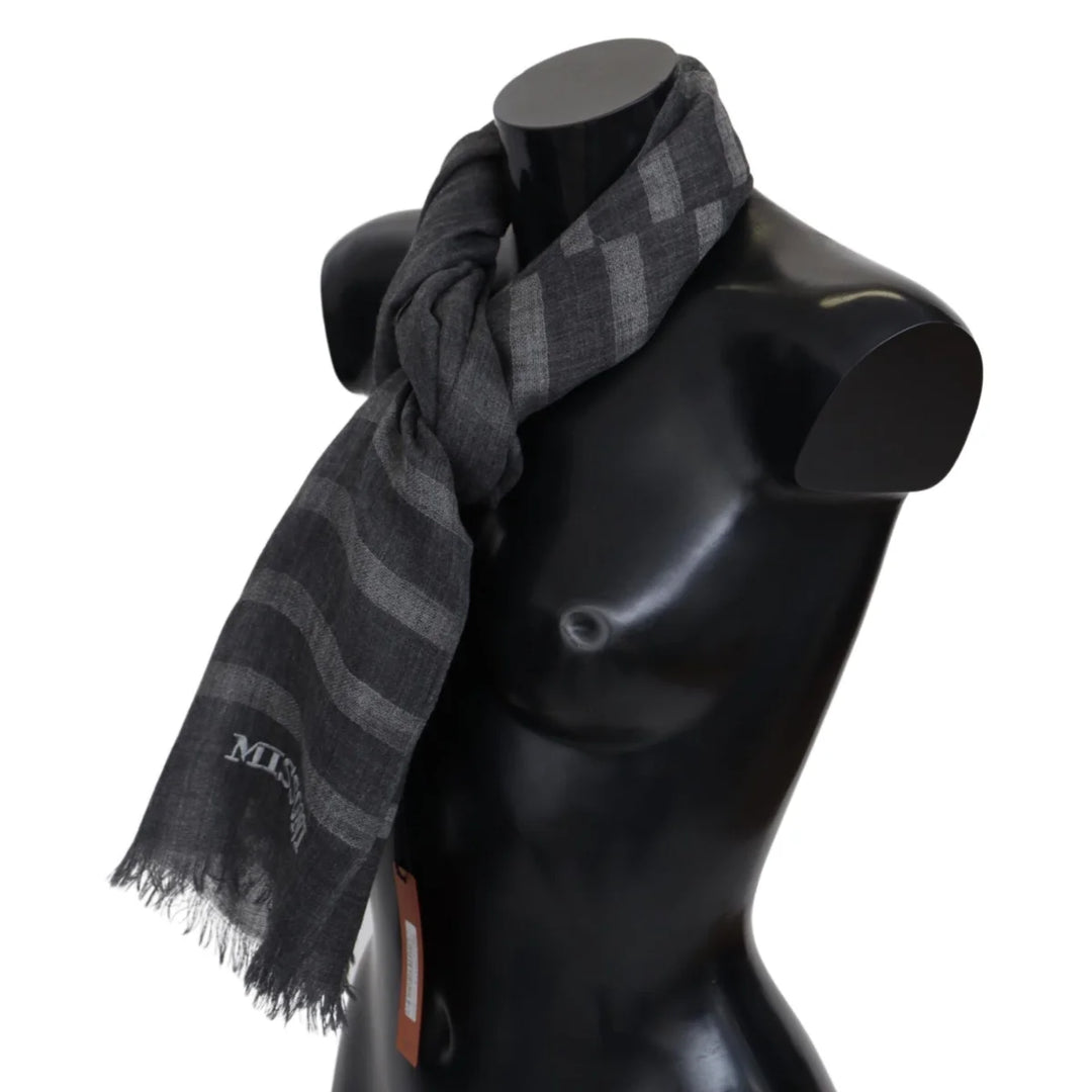 Missoni Gray Striped Wool Unisex Neck Wrap Fringes Scarf