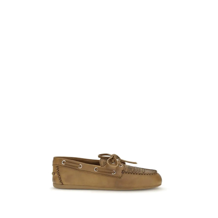 Miu Beige Calf Leather Bos Taurus Slip-on Loafers