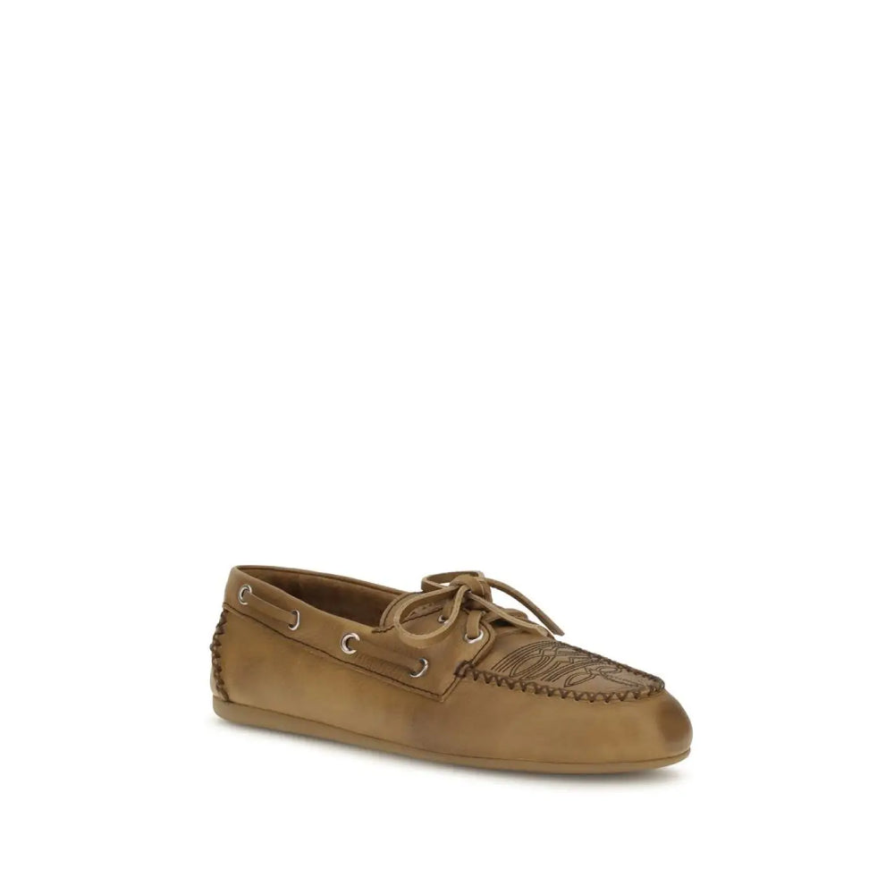 Miu Beige Calf Leather Bos Taurus Slip-on Loafers