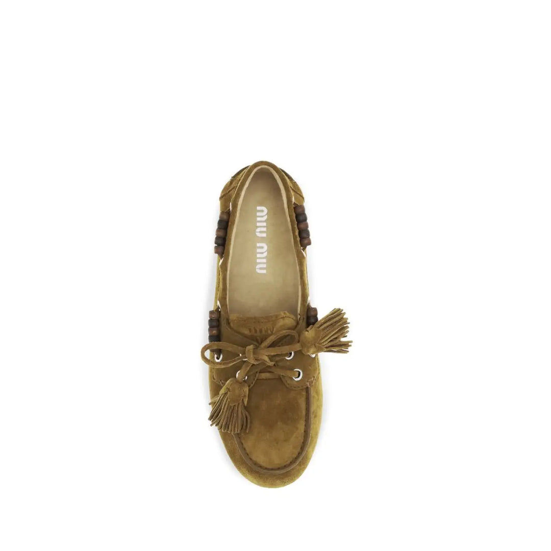 Miu Beige Calf Leather Bos Taurus Slip-on Loafers