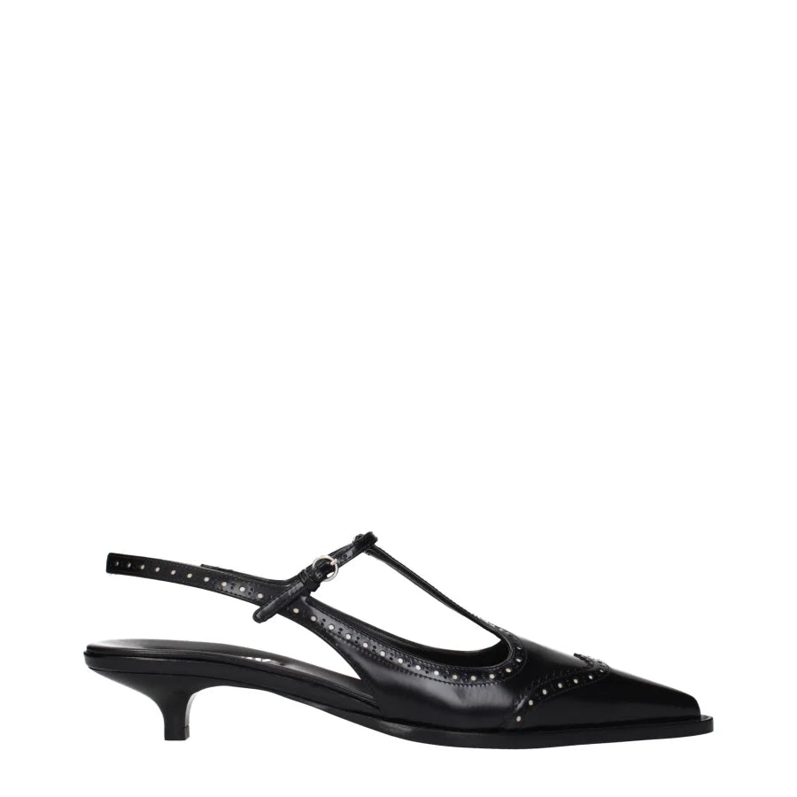 Miu Black Leather Mid Heel Pumps