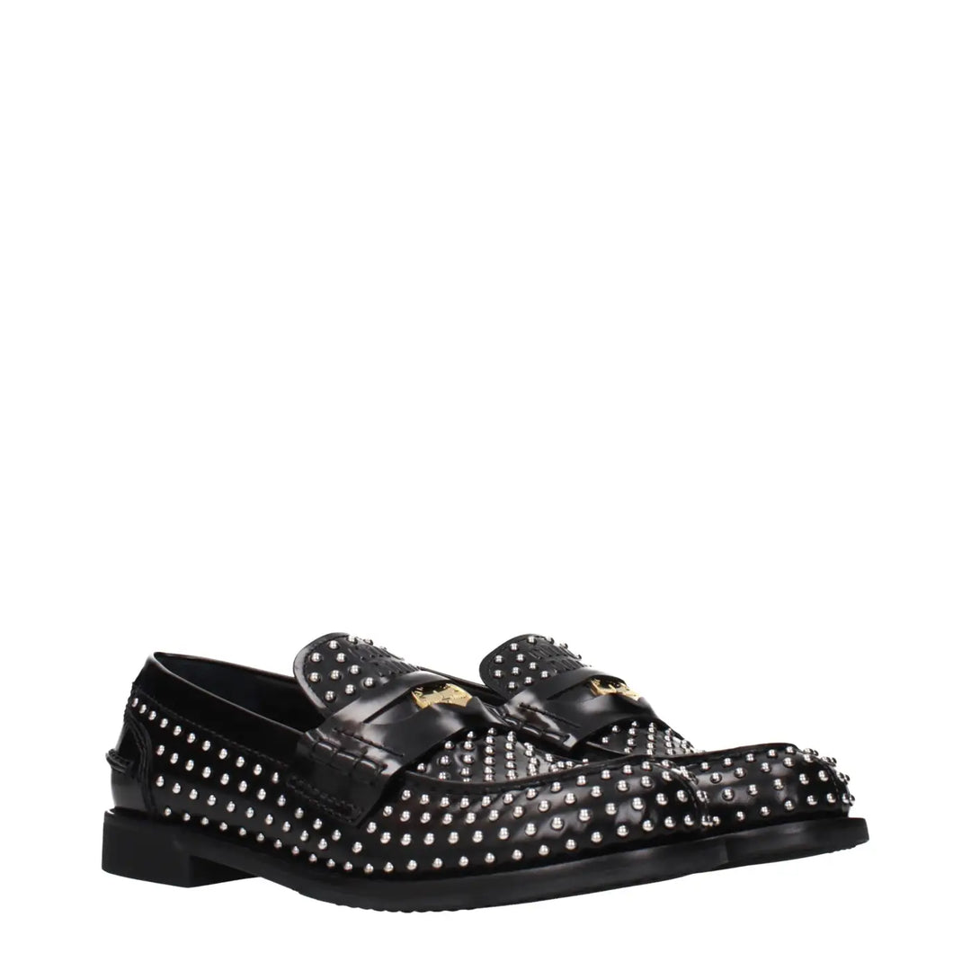 Miu Black Leather Slip-on Loafers