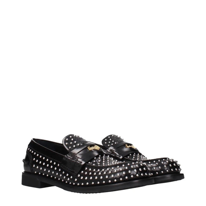 Miu Black Leather Slip-on Loafers