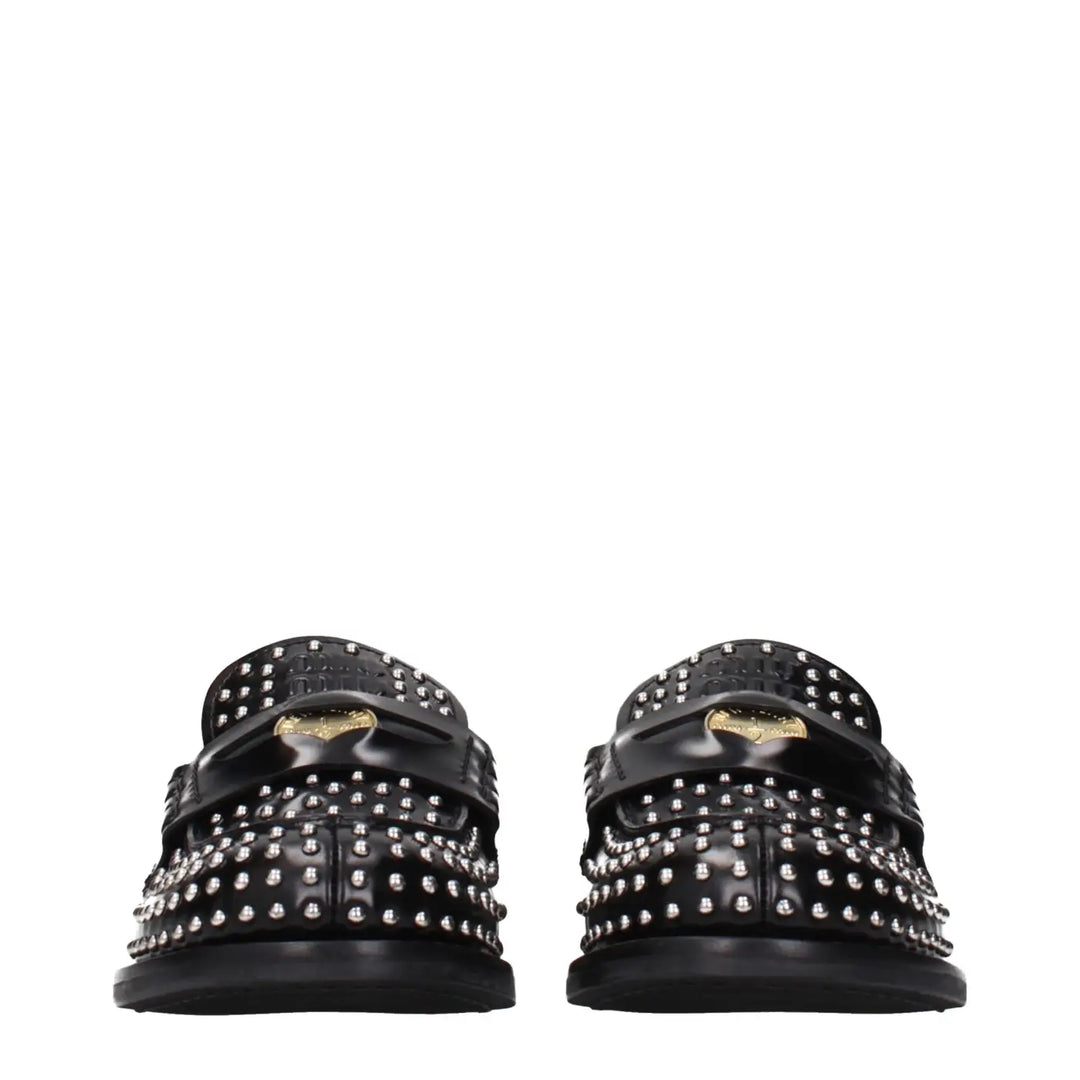 Miu Black Leather Slip-on Loafers