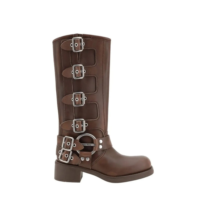 Miu Brown Calf Leather Bos Taurus Lace-up Boots