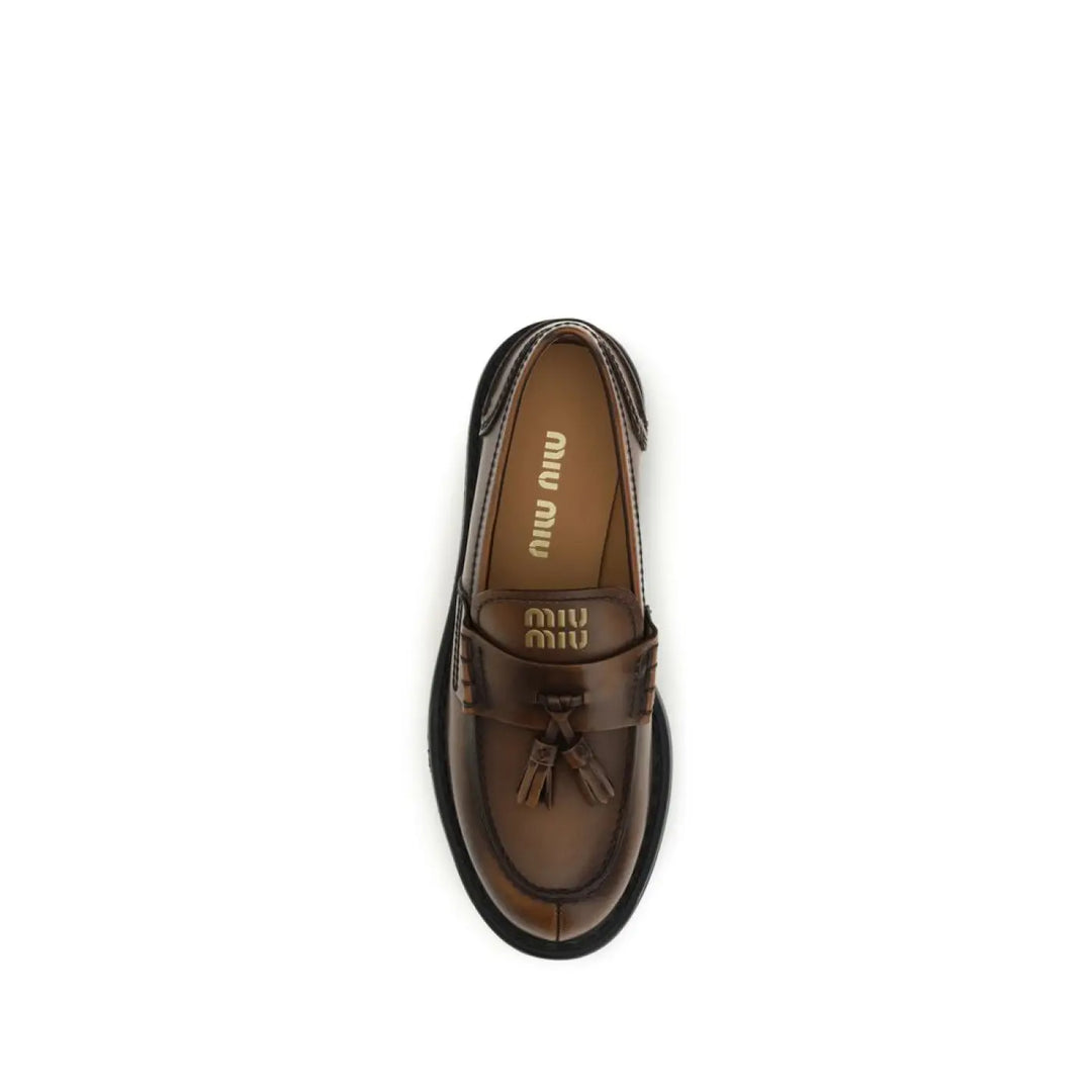 Miu Brown Calf Leather Bos Taurus Platform Loafers