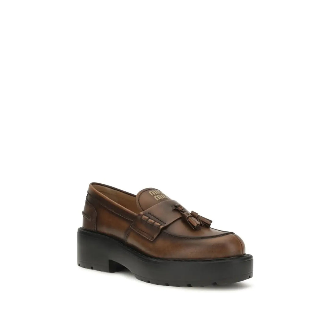 Miu Brown Calf Leather Bos Taurus Platform Loafers