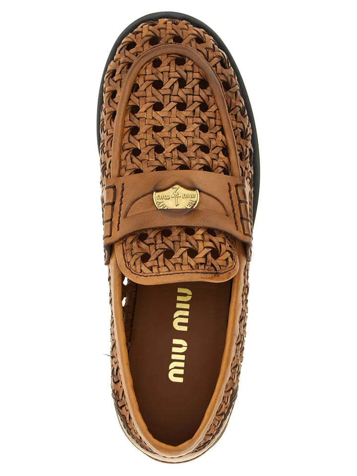 Miu Brown Calfskin Slip-on Loafers