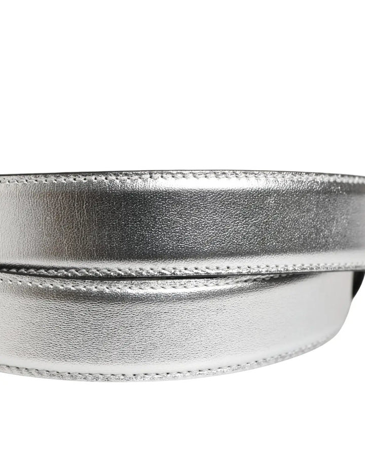 Moschino Couture Silver Leather Logo Metal Buckle Waist Belt