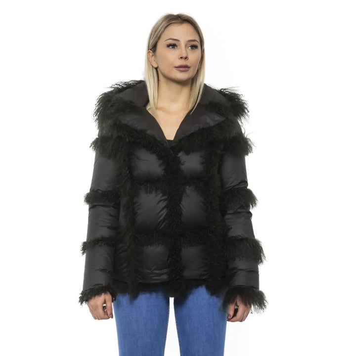 Mr&amp;Mrs Italy Black Poly Jacket with Lamb Fur Hood for Women