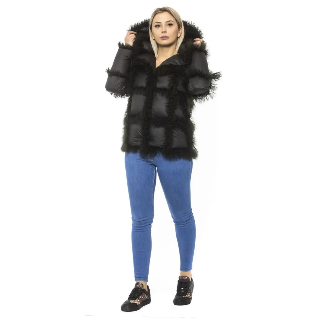 Mr&amp;Mrs Italy Black Poly Jacket with Lamb Fur Hood for Women