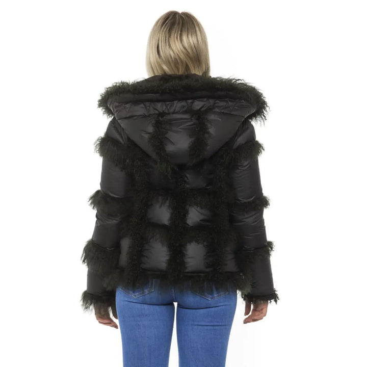 Mr&amp;Mrs Italy Black Poly Jacket with Lamb Fur Hood for Women