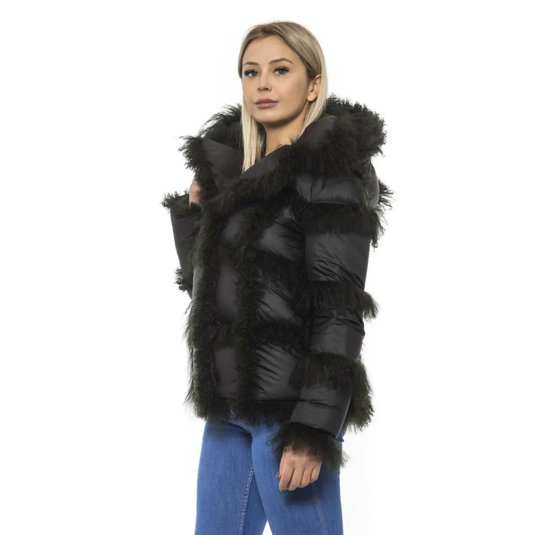 Mr&amp;Mrs Italy Black Poly Jacket with Lamb Fur Hood for Women