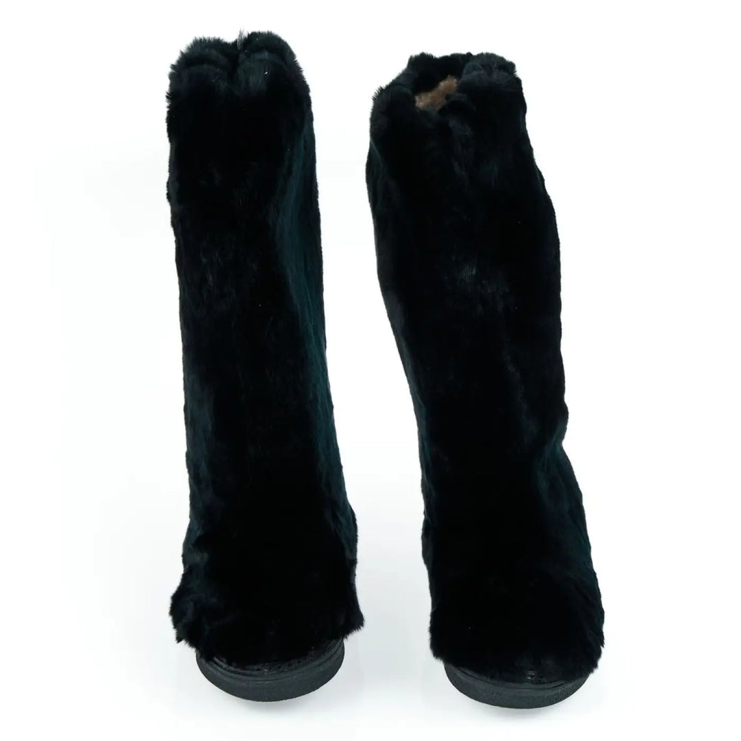 Mr&amp;mrs Italy Black Rabbit Fur Women Shoe