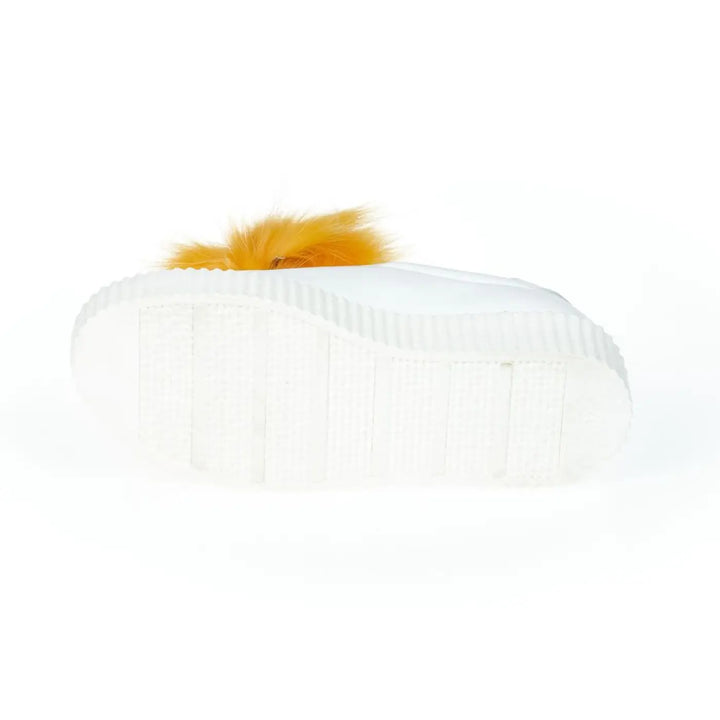Mr&amp;Mrs Italy White Textile Women Sneaker With Real Fur Pom Poms