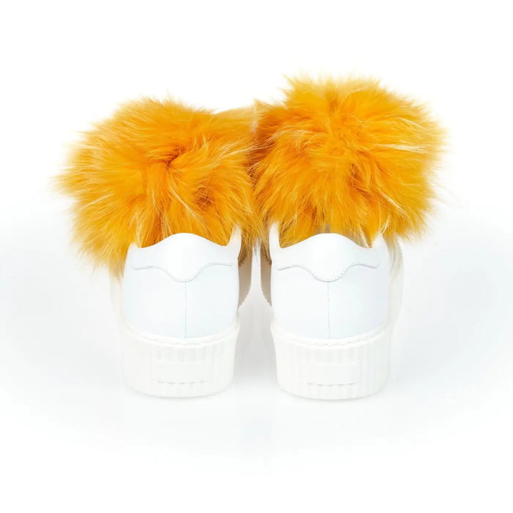 Mr&amp;Mrs Italy White Textile Women Sneaker With Real Fur Pom Poms