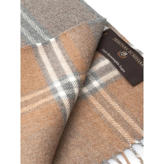 Novara Silk Scarf Check Print Cashmere Touch in Gray Beige Tessitura di