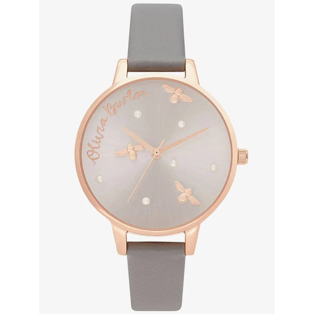 Olivia Burton Gray Watch with Artificial Leather and Pink Stainless Steel