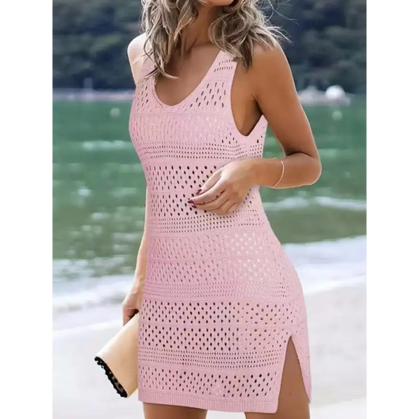 Alluring Openwork Scoop Neck Semi Sheer Slit Tee Clothing Tops Trendsi