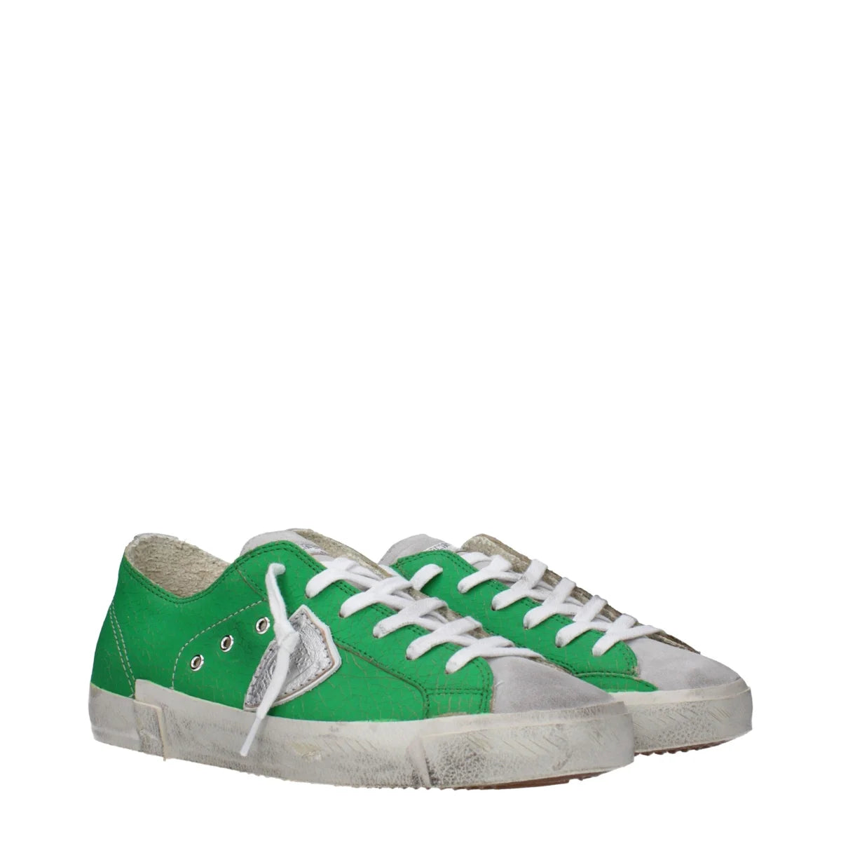 Philippe Model Green Leather Sneakers with Vintage Distressed Effect