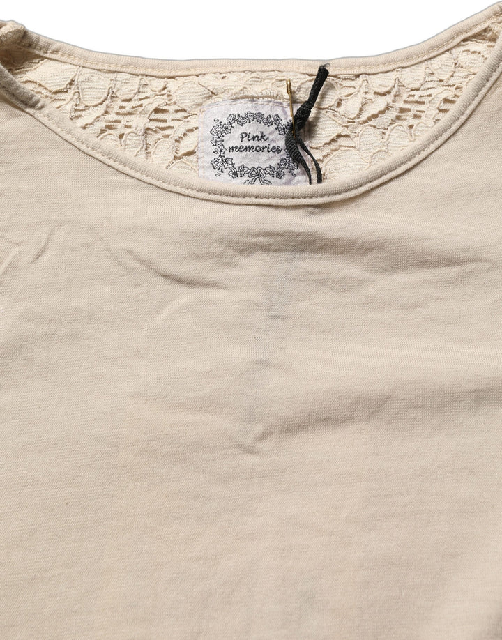 Pink Memories Blouses - Women’s Beige Cotton Lace Detailing Round Neck Top