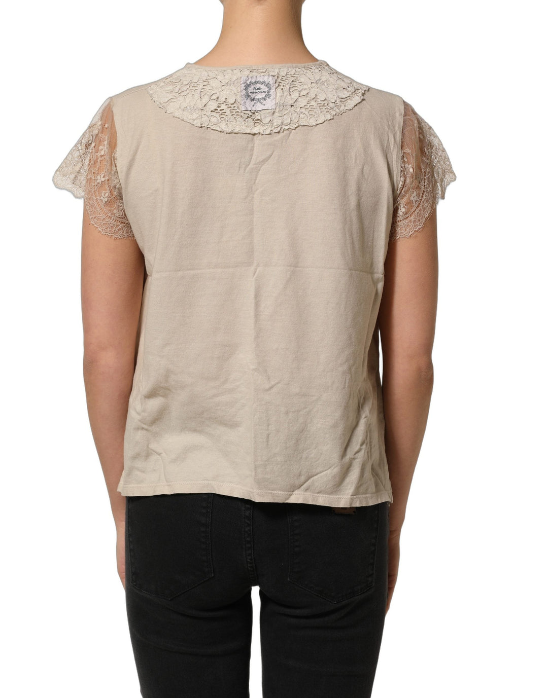Pink Memories Blouses - Women’s Beige Cotton Lace Detailing Round Neck Top