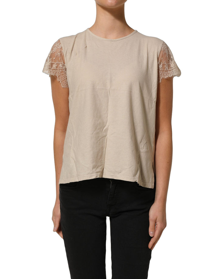 Pink Memories Blouses - Women’s Beige Cotton Lace Detailing Round Neck Top
