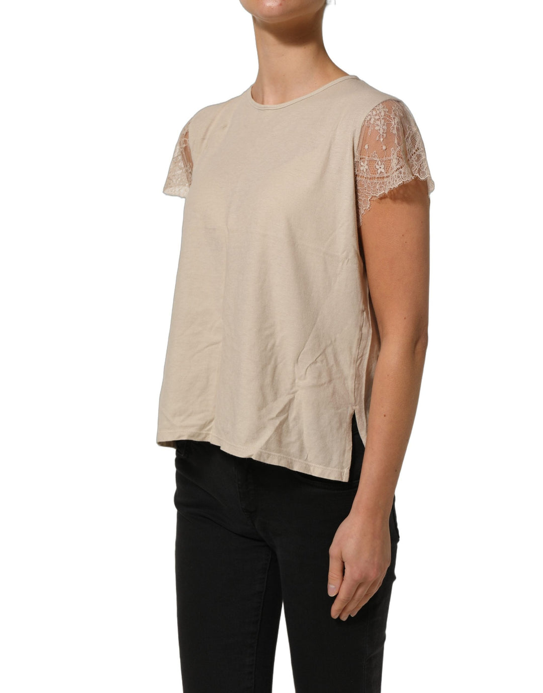Pink Memories Blouses - Women’s Beige Cotton Lace Detailing Round Neck Top