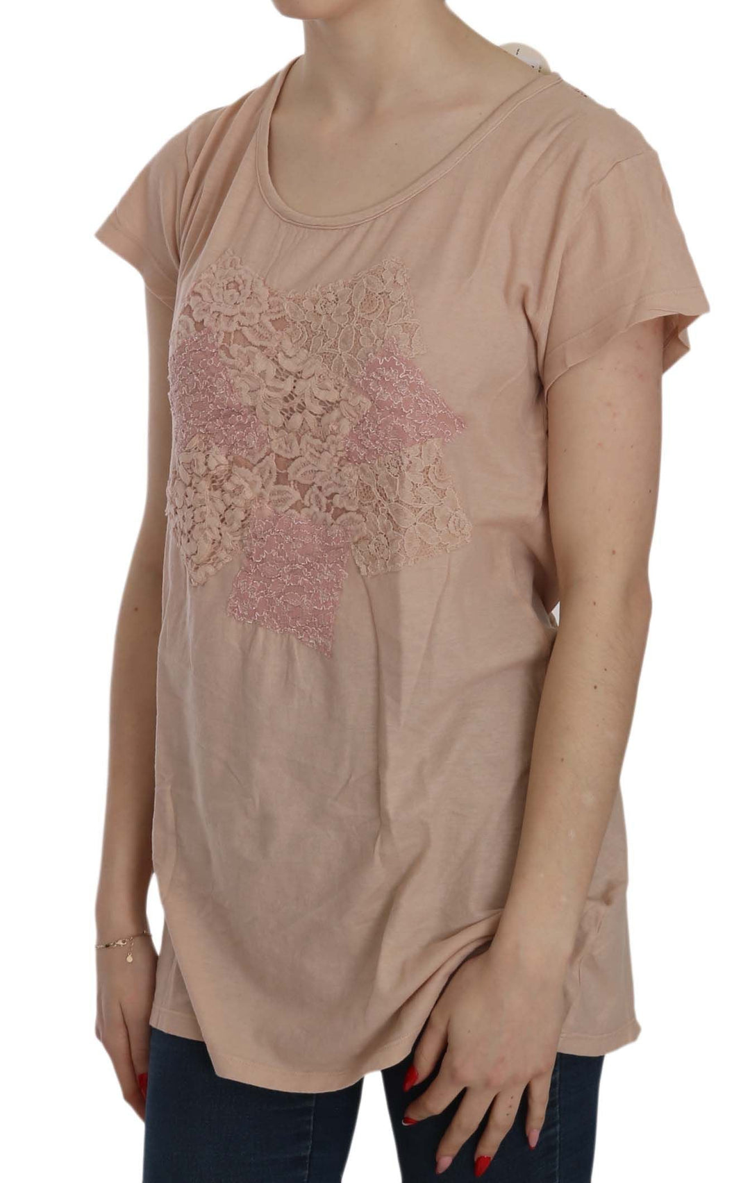 PINK MEMORIES - Pink Cream Lace Short Sleeve Shirt Top Cotton Blouse