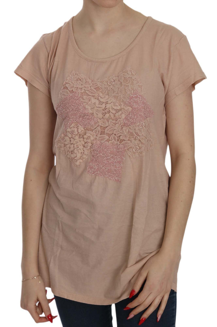 PINK MEMORIES - Pink Cream Lace Short Sleeve Shirt Top Cotton Blouse