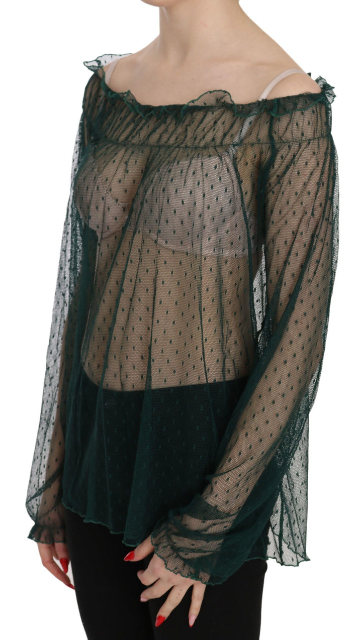 PINK MEMORIES - Green Mesh See Through Long Sleeve Top Blouse