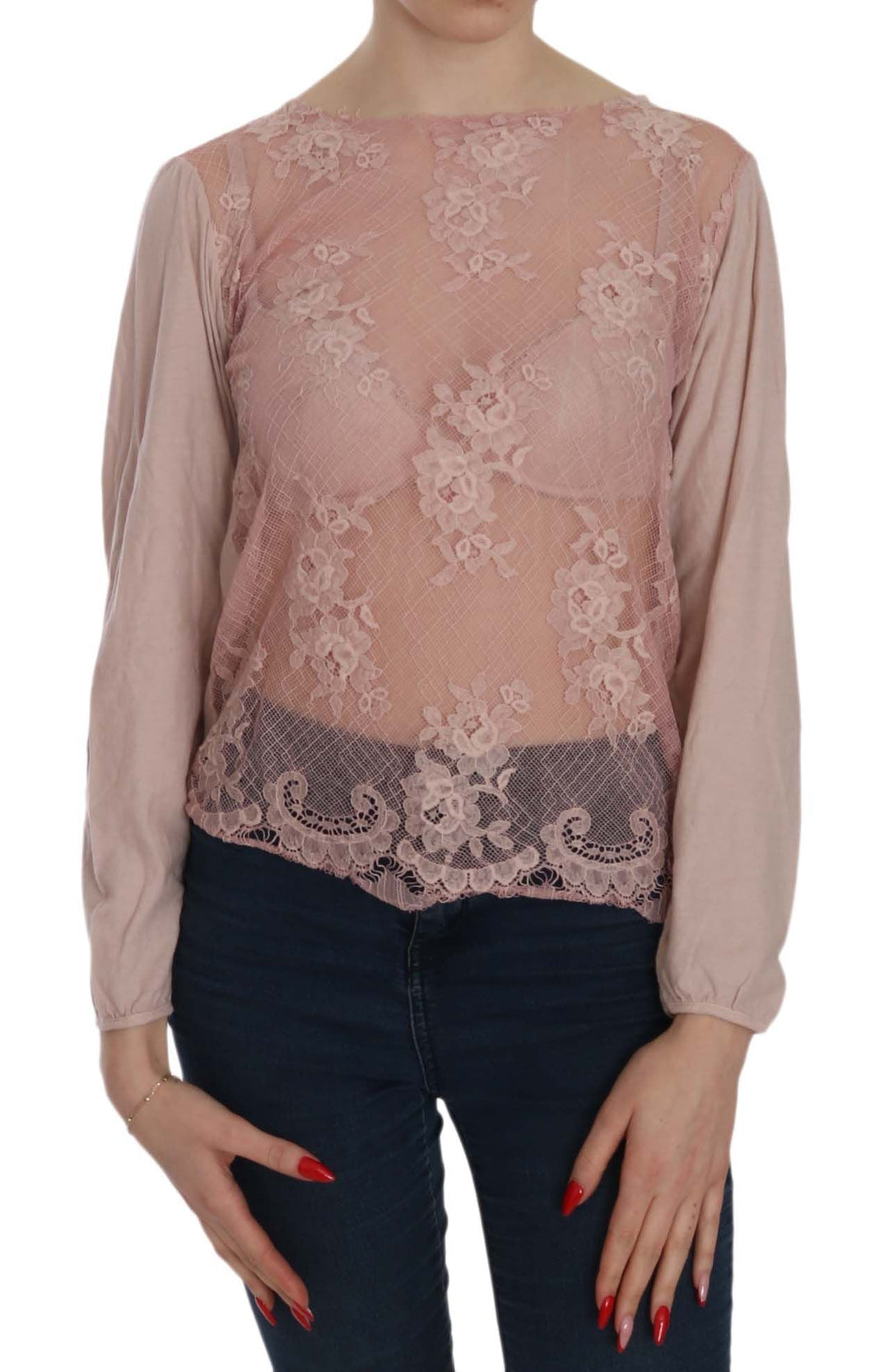 PINK MEMORIES - Pink Lace See Through Long Sleeve Blouse