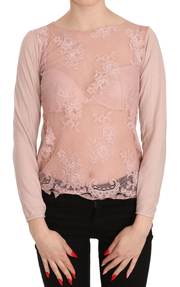 PINK MEMORIES - Pink Lace See Through Long Sleeve Top Blouse