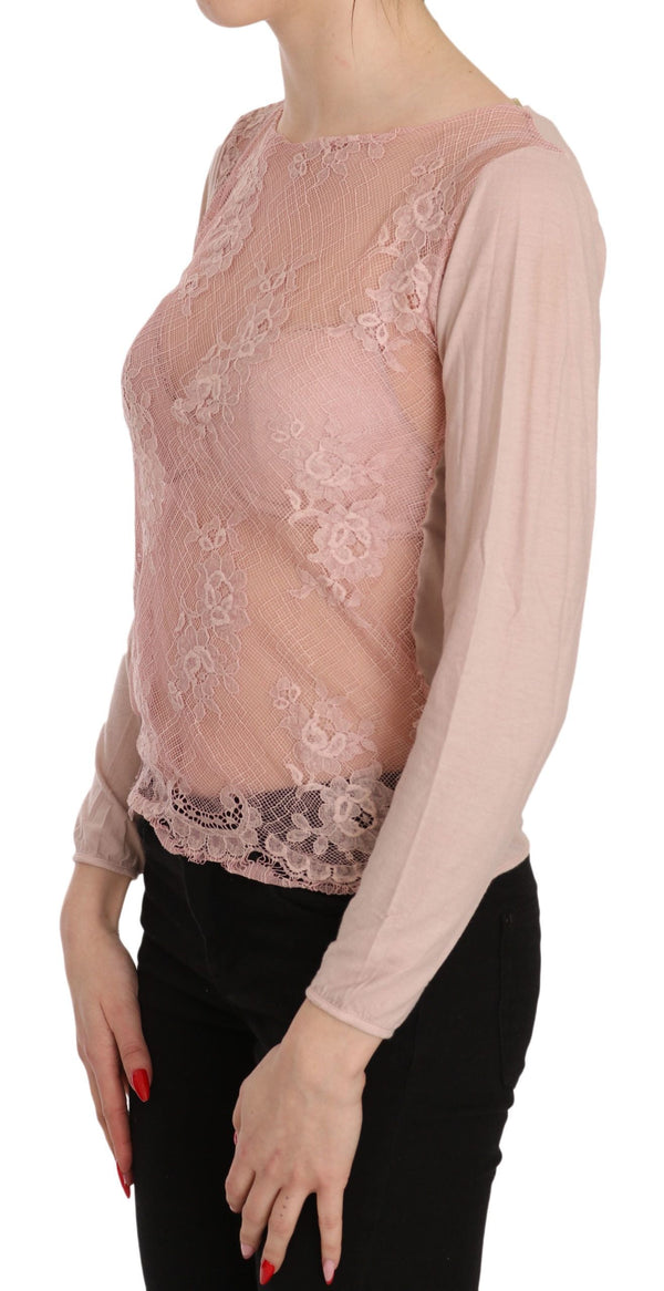 PINK MEMORIES - Pink Lace See Through Long Sleeve Top Blouse