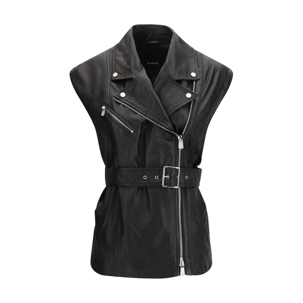 PINKO Vests - Black Goatskin Sleeveless Jacket
