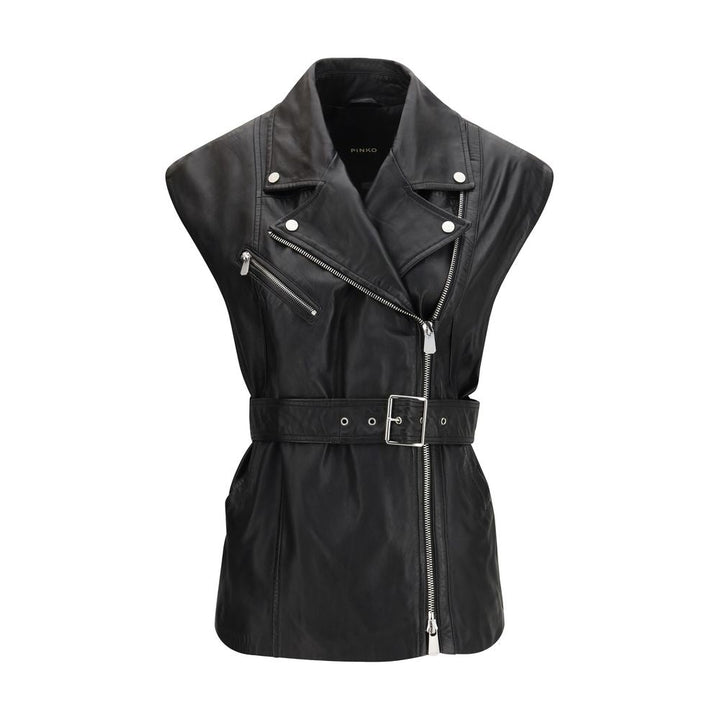 PINKO Vests - Black Goatskin Sleeveless Jacket