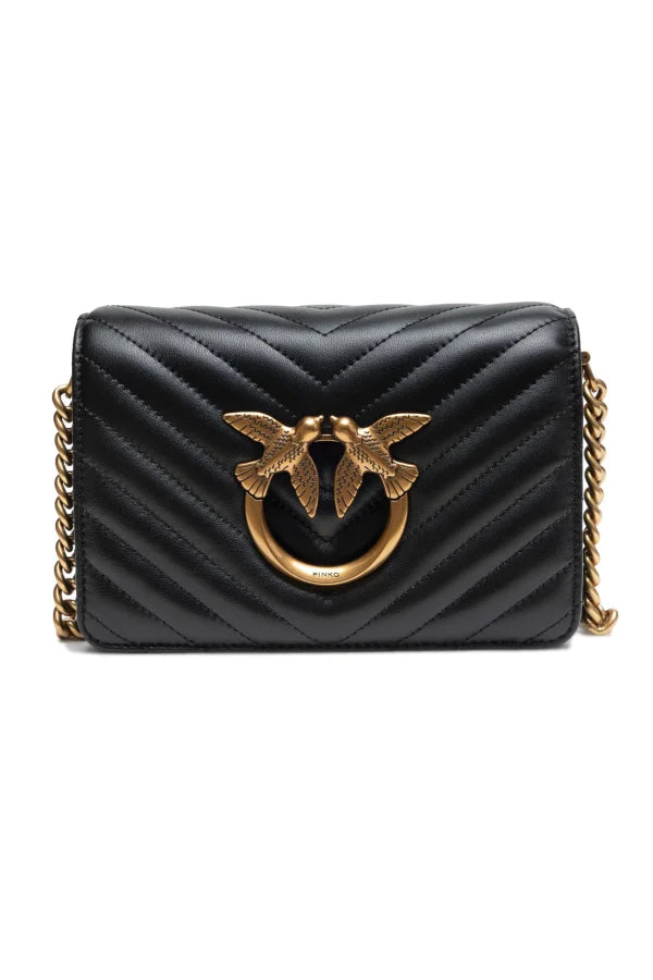 PINKO Black Leather Love Click Mini Shoulder Bag
