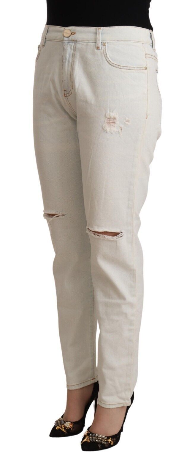 Pinko White Cotton Distressed Mid Waist Skinny Denim Jeans