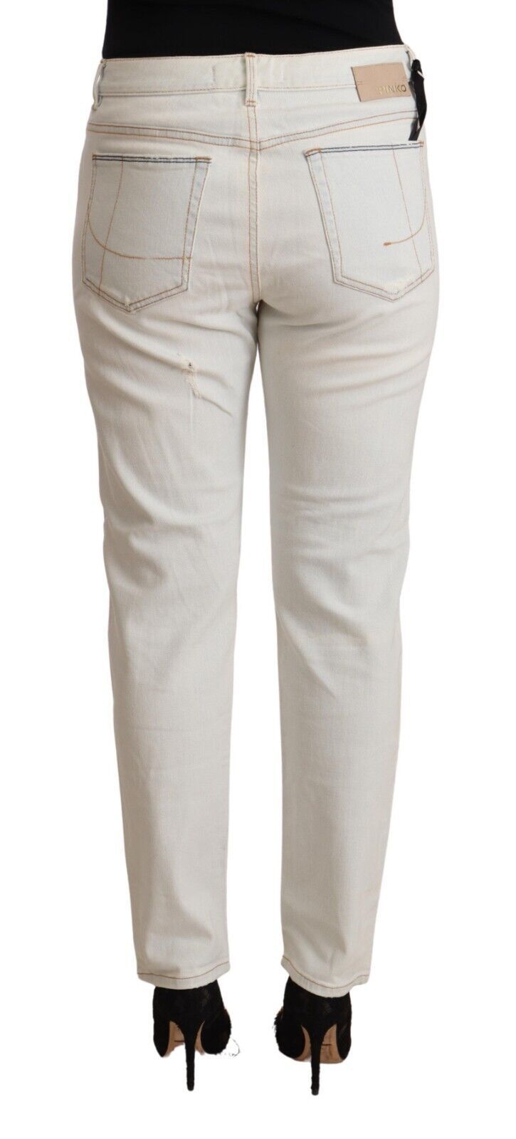 Pinko White Cotton Distressed Mid Waist Skinny Denim Jeans