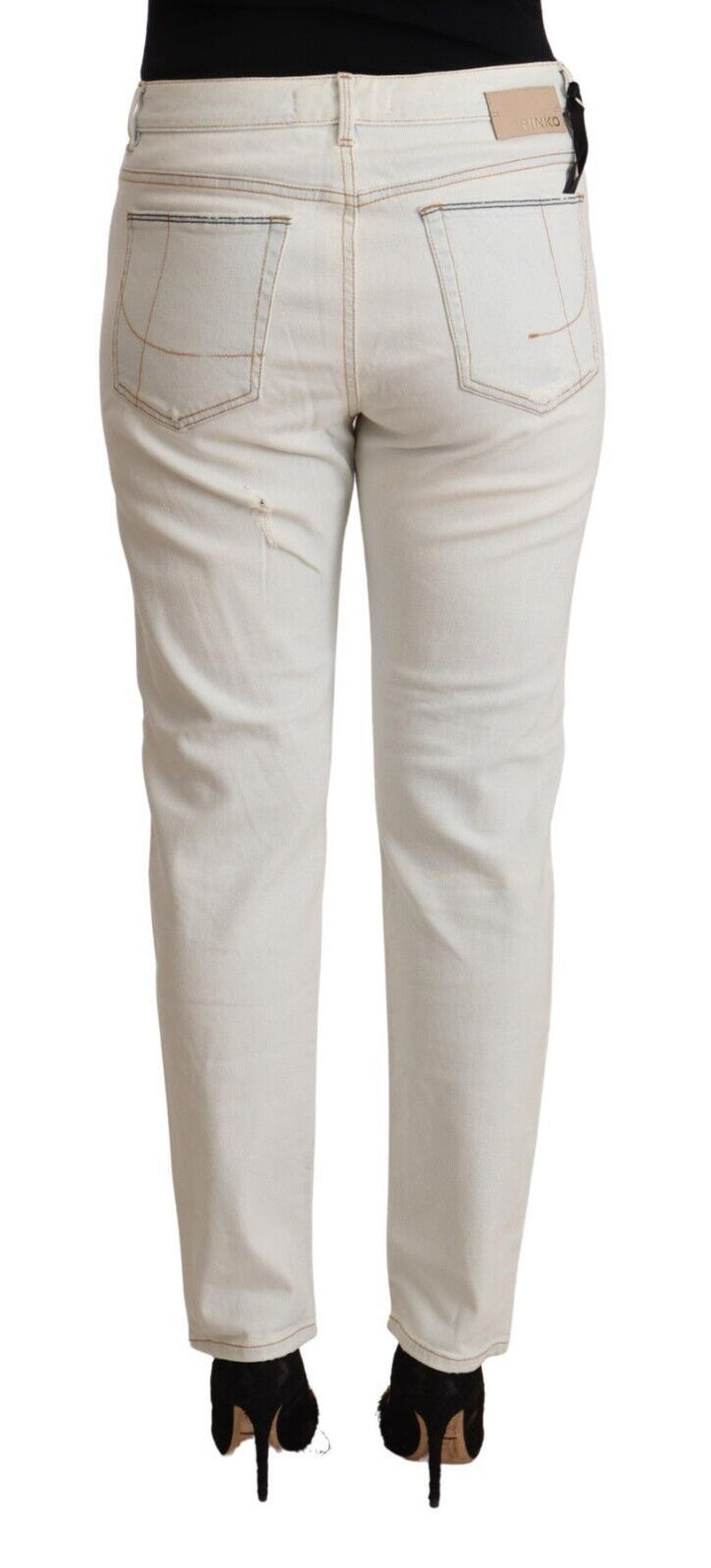 Pinko White Cotton Distressed Mid Waist Skinny Denim Jeans