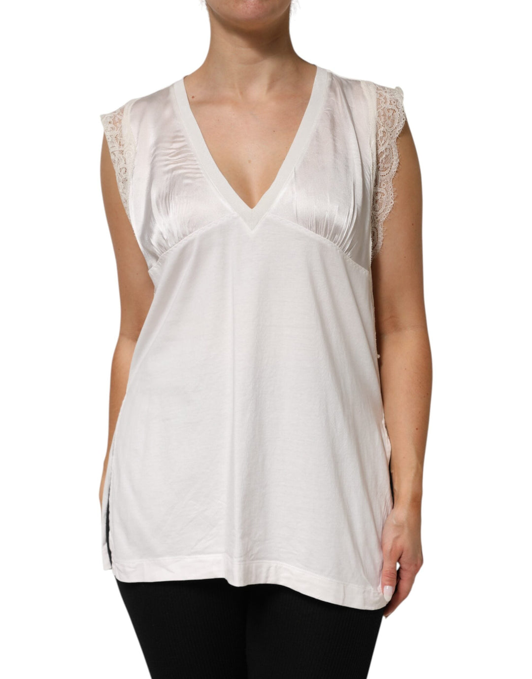 PINKO Blouses - White Silk Blend Lace Trim Sleeveless V-Neck Women’s Top